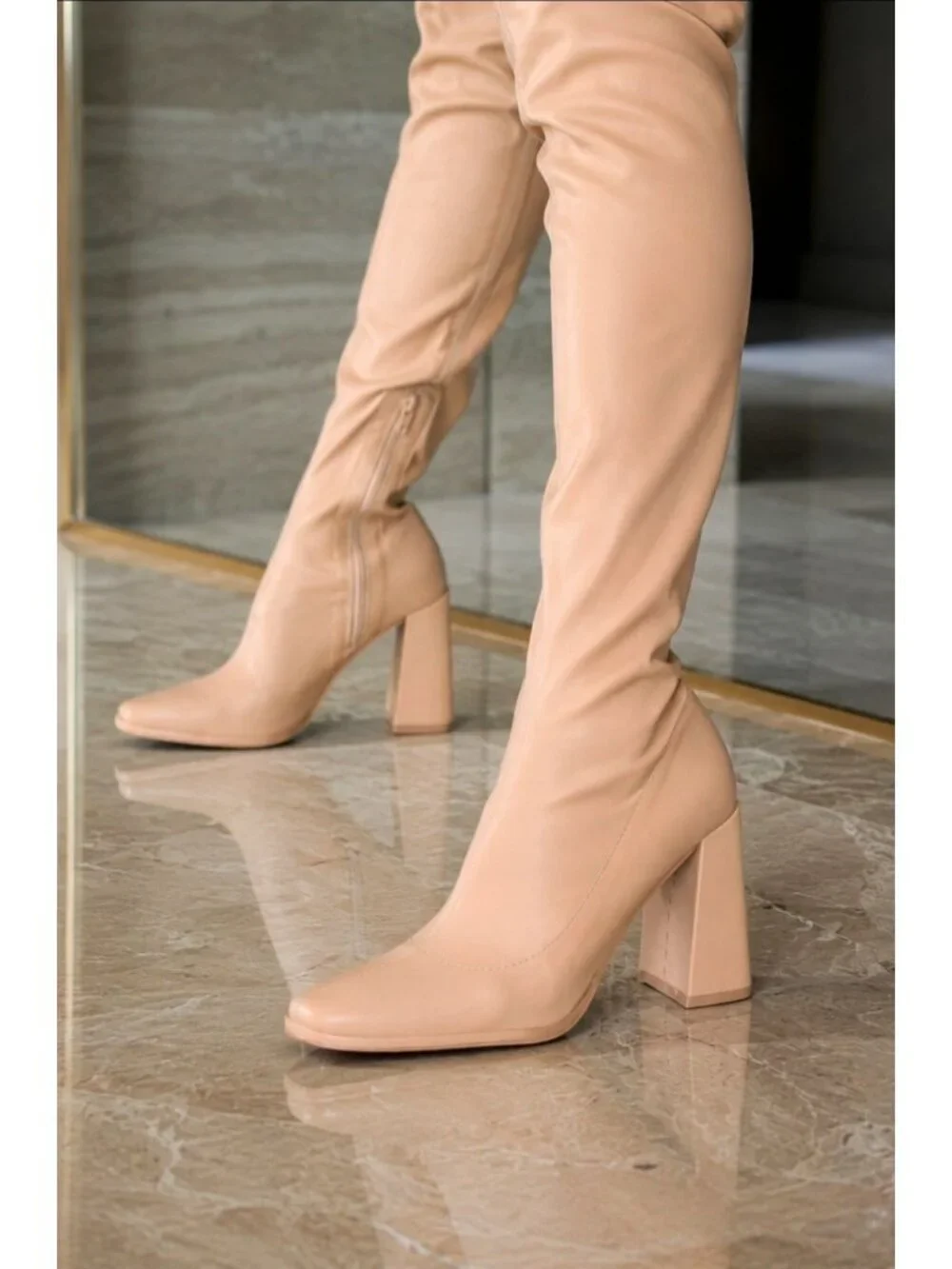 Over-The-Knee Block Heel Boots In Nude With Side Zipper Closure And Soft Faux Le